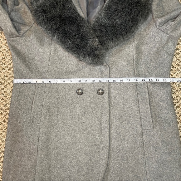 French Connection Charcoal Faux Fur Collared Double-Breasted Wool Blend Pea Coat - Picture 12 of 16